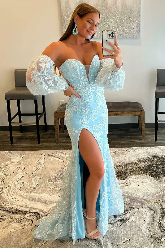 prom dress cleaningLight Blue Lace Strapless Puff Sleeve Long Prom Dress gh1806