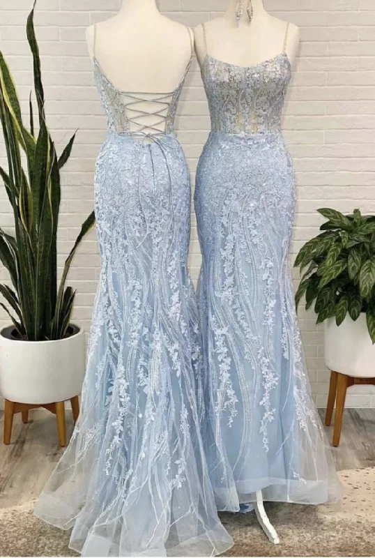 ready-to-wear prom dressesElegant Sky Blue Prom Dresses with Appliques Lace gh2296