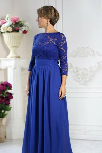 maxi dresses for casual FridaysBateau Lace 3-4 Sleeve A-line Pleated Chiffon Long Dress