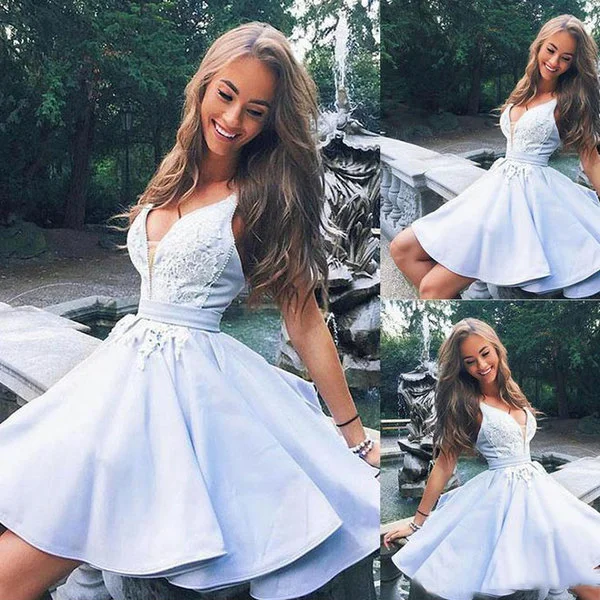 plus-size prom dressesCute light blue satin v neck short prom dress, lace homecoming dress gh798