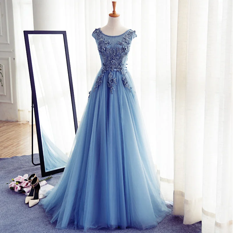 prom dresses with trainsStylish A-line tulle lace long prom dress,formal dresses  7669