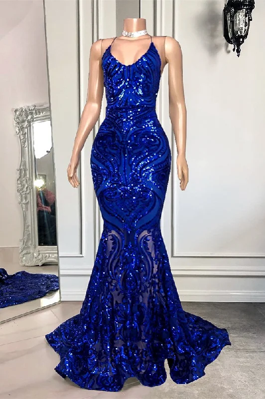 chiffon prom dressesSpaghetti-Straps Royal Blue Long Mermaid Prom Dress With Sequins  gh2101