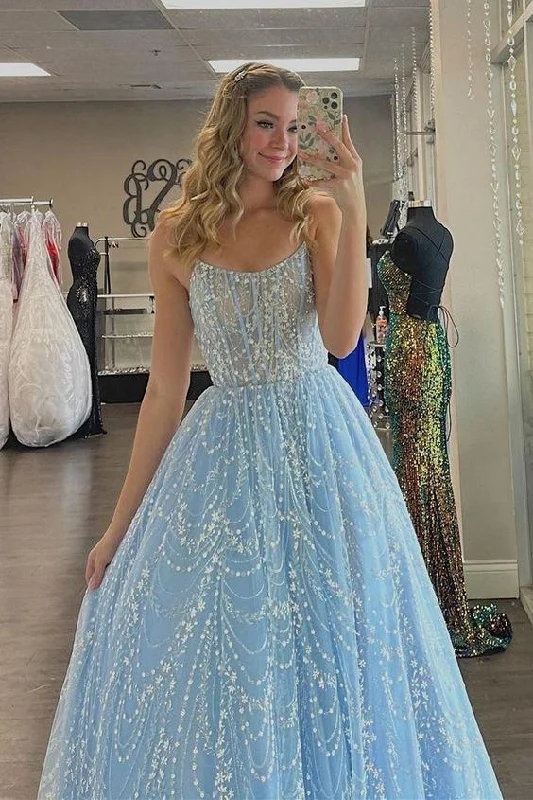 prom dresses for curve-hugging figuresA-line blue long prom dress with spaghetti straps  gh2209