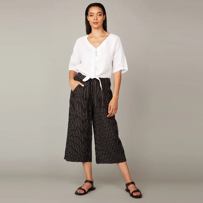 women's low-slung pantsPinstripe Relaxed Linen Cropped Pant (Black + White)