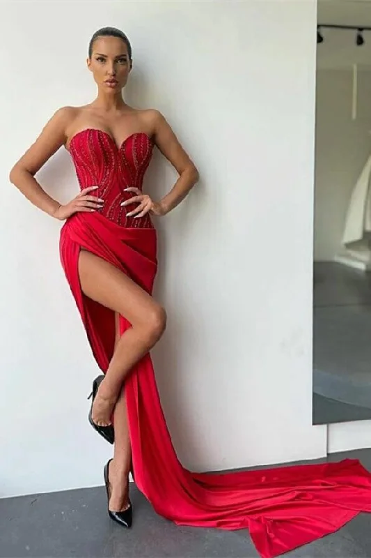 affordable prom dressesClassic Red Sweetheart Mermaid Prom Dress Split Long With Beadings gh1923