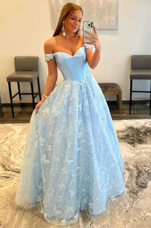 prom dresses with beaded accentsLight Blue Sweetheart Off-the-Shoulder A-line Prom Dress  gh2160