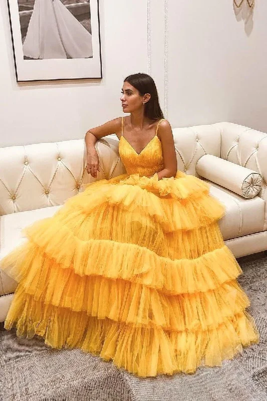 short prom dressesLayers Tulle Yellow Prom Dresses with Ruching Bodice gh2343