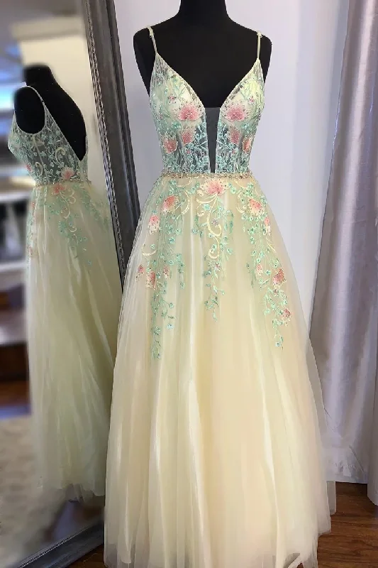 petite prom dressesGorgeous Straps A-Line Floral Embroidered Long Prom Dress  gh2456