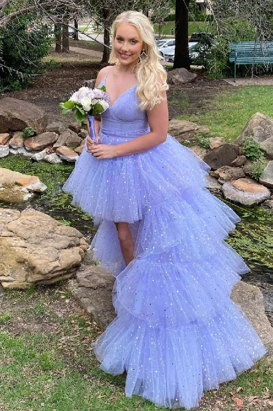 halter prom dressesGlitter Hi-Low Lavender Tiered Tulle Prom Dress gh2249