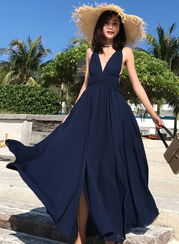 maxi dresses with halter necksSimple V neck chiffon long dress blue dress  1218