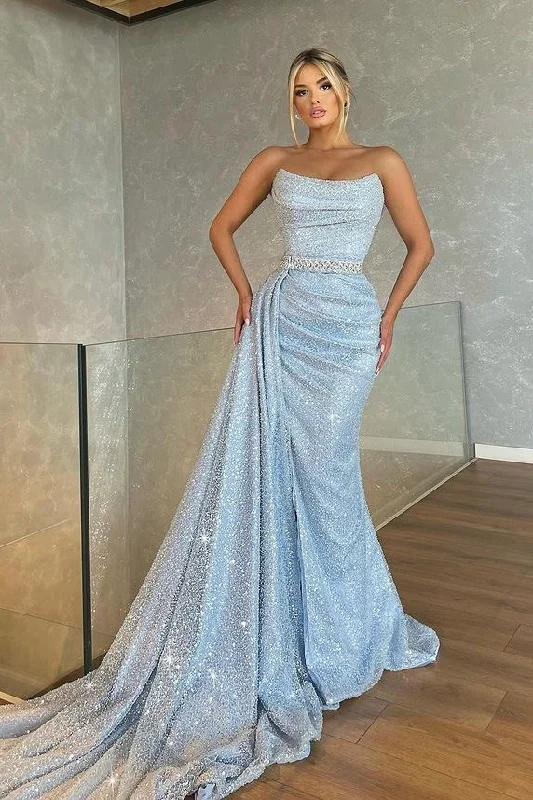 spaghetti strap prom dressesStunning Strapless Sky Blue Sequins Prom Dress Mermaid With Ruffle  gh1945