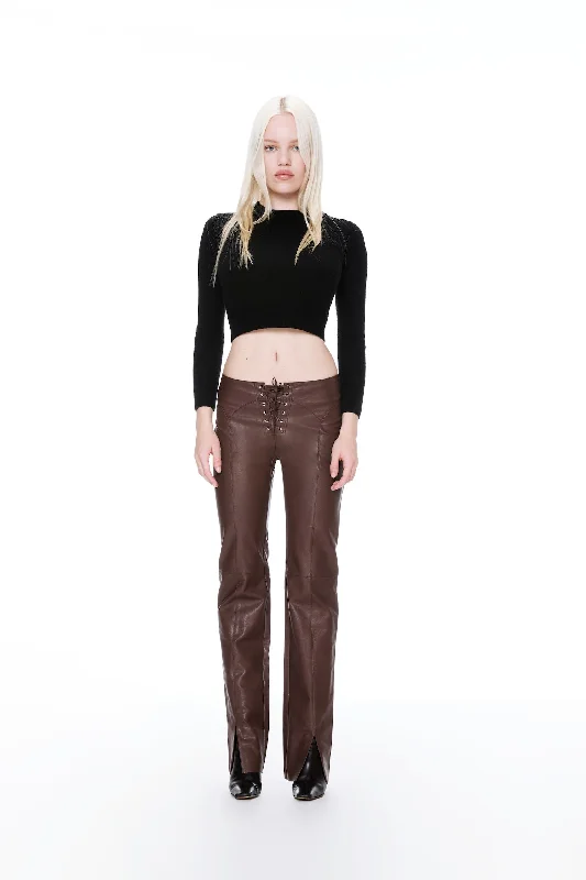 women's cashmere pantsELEMENT LACE UP PANT - BROWN VEGAN LEATHER