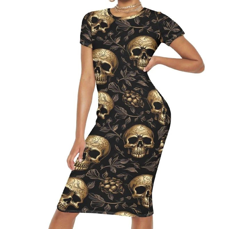 maxi dresses for black-tie eventsWomens Gold Skulls Short Sleeve Casual Long Dress