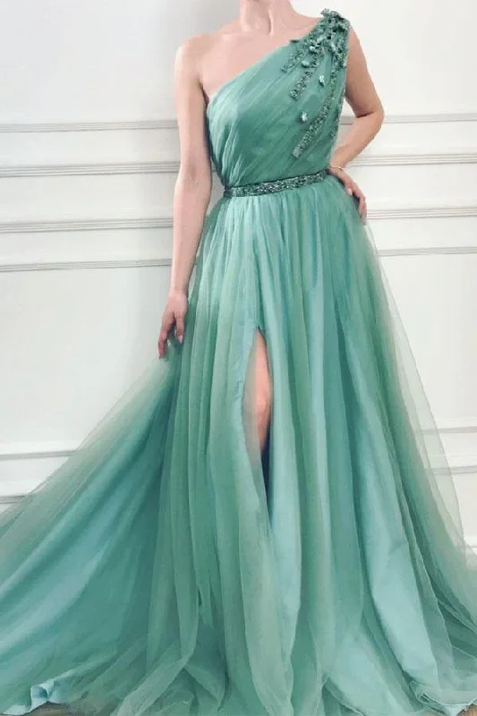 prom dresses with illusion panelsA-Line One Shoulder Jungle Tulle Split Prom/Formal Dresses With Beading gh2154