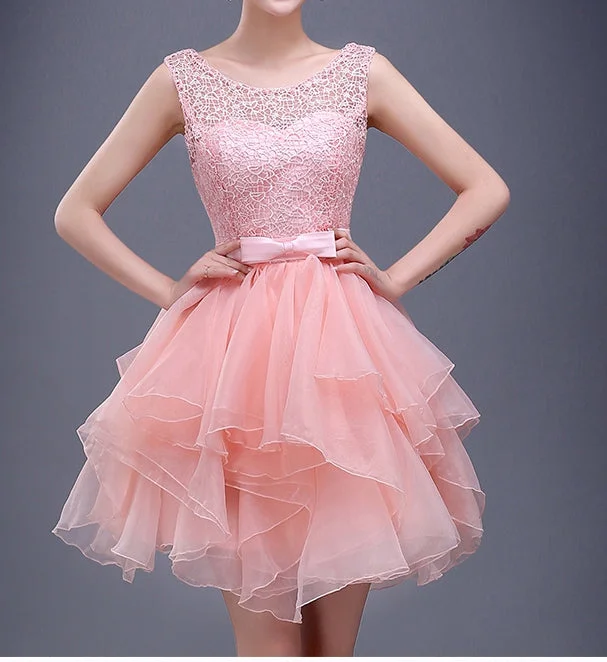 dark prom dressesCharming A-line pink lace short prom dress,homecoming dresses  7707