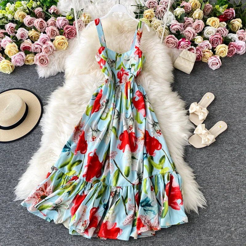 chiffon maxi dressesFloral dress open back French long skirt  2847