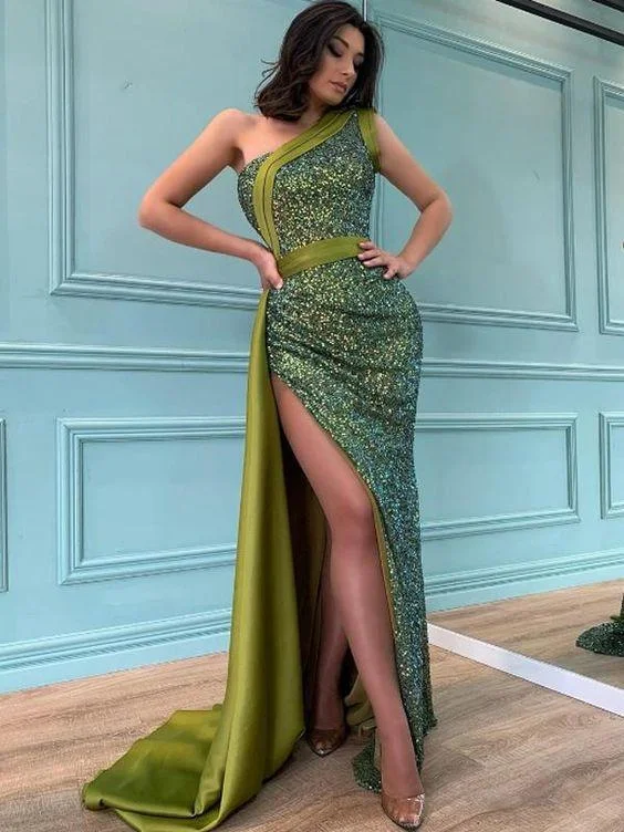 prom dresses with beaded accentsSimple One-shoulder Side Slit Mermaid Sequin Prom Dresses gh2391