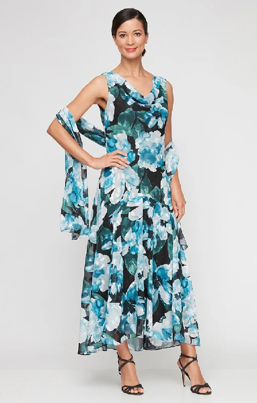 Sleeveless Dress Mother Of The BrideTea-Length Printed Chiffon Sleeveless Dress with Shawl