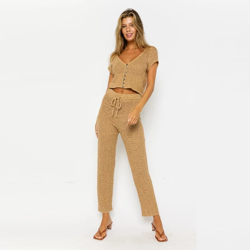 women's sustainable pantsCrochet Knit Joggers (Camel)