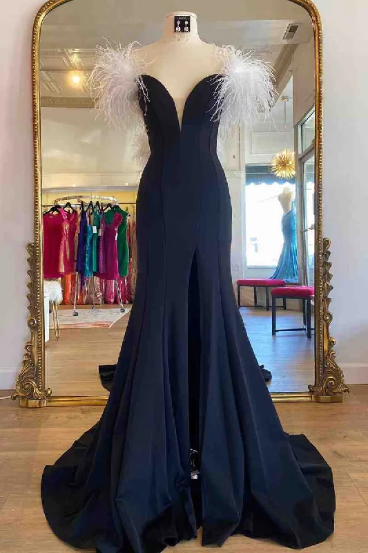 prom dresses with built-in petticoatsLong Black High Slit Prom Dress with White Feather gh2409