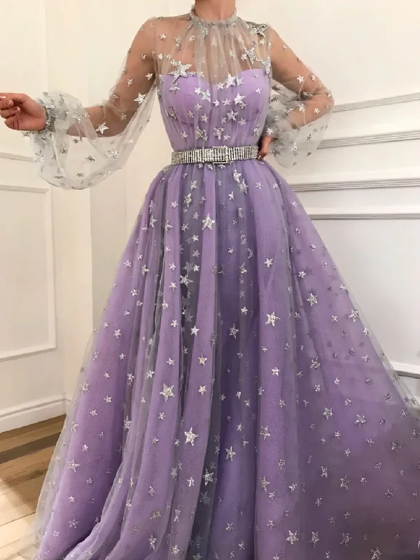 elegant prom dressesLong Sleeve Prom Dresses High Neck A-line Sparkly Star Lace Lilac Long Prom Dress  gh2108