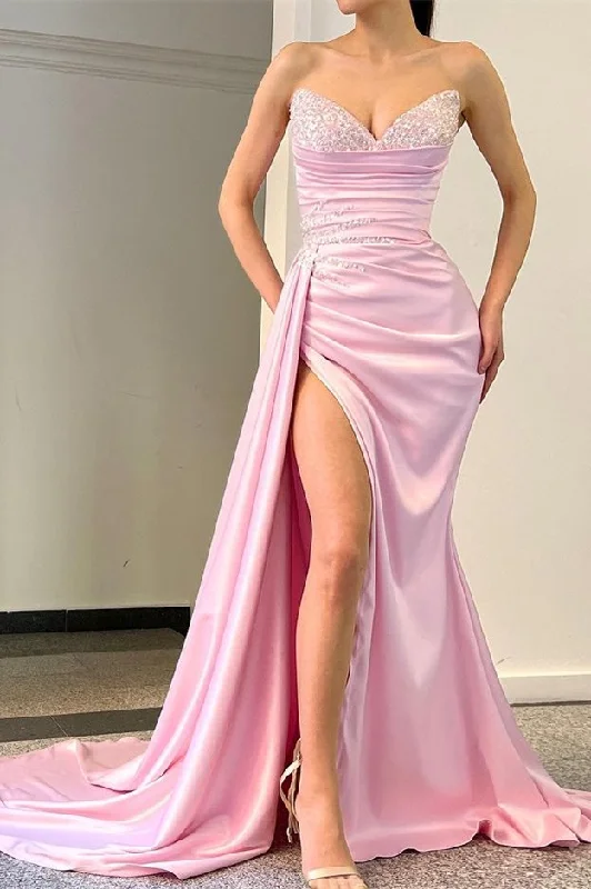 prom dresses with detachable sleevesStunning Sweetheart Sequins Mermaid Prom Dress Slit Long With Ruffles  gh2031