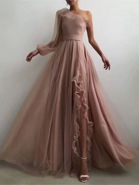 prom dresses for hourglass figuresCharming One-Shoulder A-Line Sexy Slit Sleeves Prom Dresses  gh1840