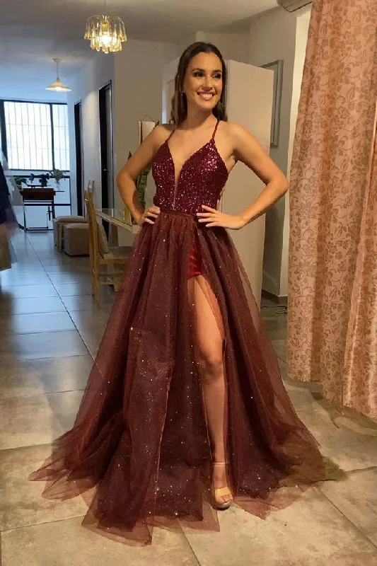 dark prom dressesSpaghetti Straps A Line Burgundy Tulle Long Prom Dresses With Slit gh2443