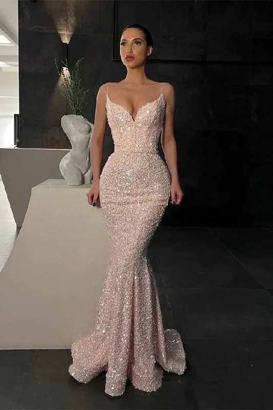 prom dresses with sequin detailingGorgeous Spaghetti-straps Sequins Prom Dress Mermaid Sleeveless gh2395