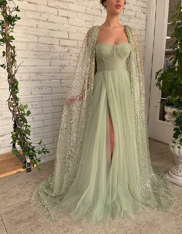 prom dresses with sequin detailingSage Green Prom dress A line Floor-length Aurora Cape Tulle Prom Dress  gh1828