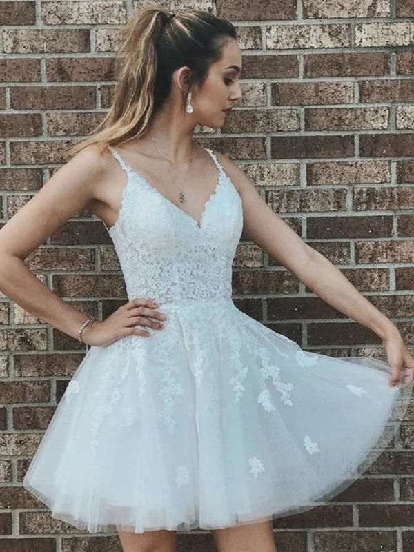 prom dress try-on ideasA Line V Neck Short White Lace Prom Dresses, Short White Lace Formal Homecoming Dresses gh1637