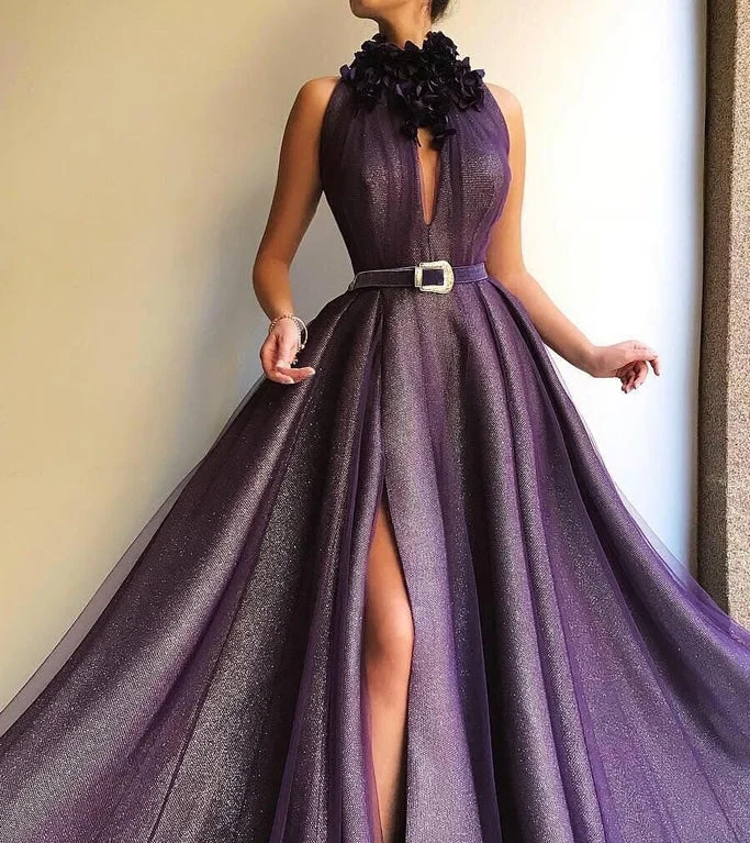 prom dresses for summerPretty Halter Long Front Split Purple Prom Dress With Handmade Flower  gh2148