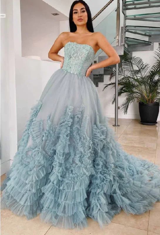 off-shoulder prom dressesElegant Dusty Blue Strapless Ruffles Long Prom Dress gh2248