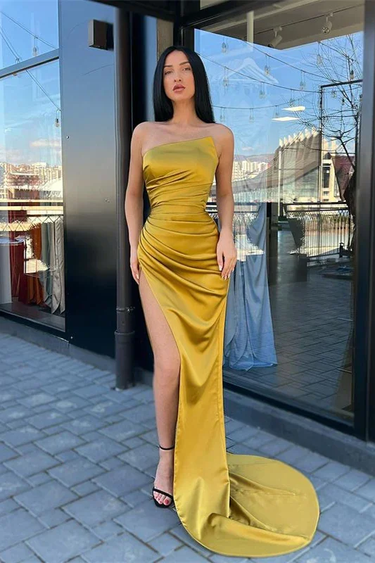 sequined prom dressesElegant Yellow Simple Sleeveless Mermaid Prom Dress With Slit gh2350