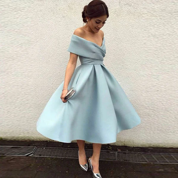 luxury prom dressesCute light blue off shoulder short prom dress, cocktail dress  7787