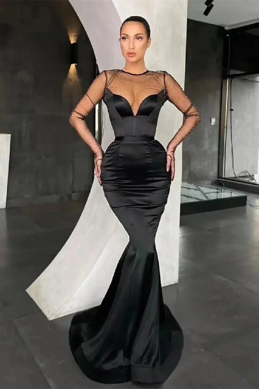 mermaid prom dressesV-Neck Black Mermaid Long Sleeves Prom Dress With Beads Online  gh2059