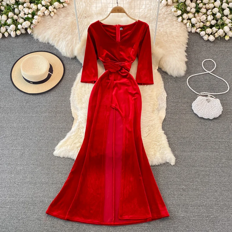 maxi dresses for breastfeeding mothersStylish V Neck Velvet Long Dress Fahsion Dress  10938