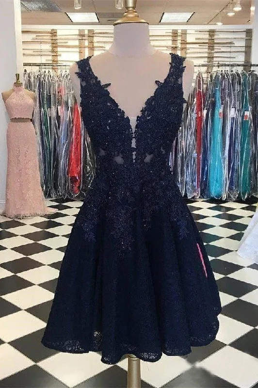 empire waist prom dressesDark Navy Lace Homecoming Dresses V Neck Appliqued Cheap Short Prom Dresses gh818