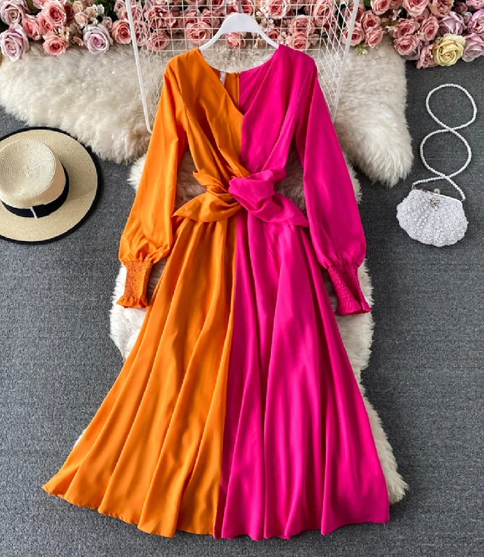 maxi dresses for maternity wearUnique color-blocking long-sleeved dress  869