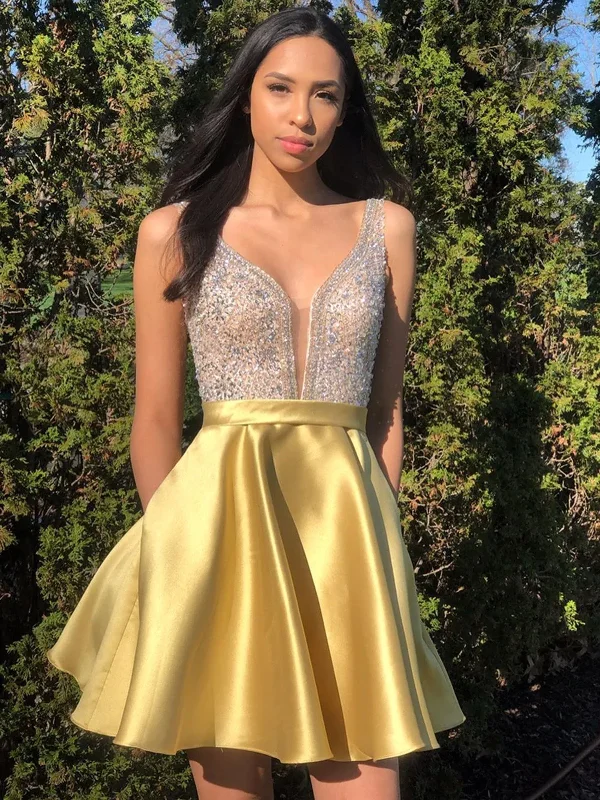 prom dress alterationsA Line V Neck Short Yellow Beaded Prom Dresses, Short Yellow Beaded Formal Homecoming Dresses gh1638