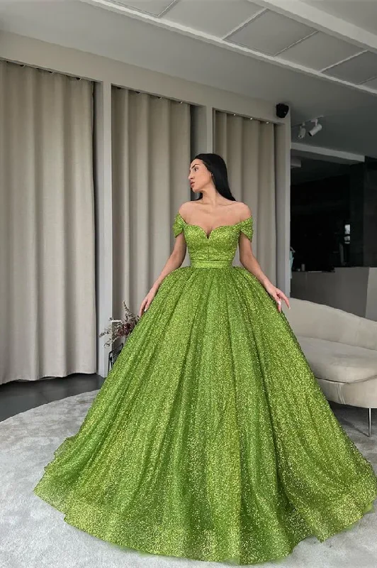 high-slit prom dressesElegant Off-the-Shoulder Green A-line Sequined Prom Dress gh1860