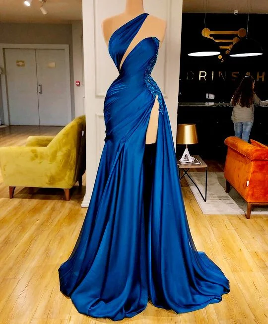 classic prom dressesblue prom dress, beaded prom dresses, one shoulder prom dresses gh1985