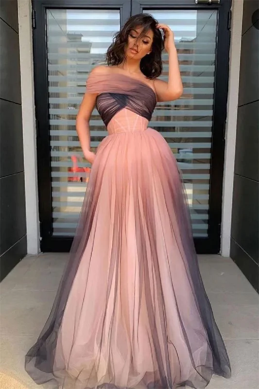 prom dresses for apple shapesOne-Shoulder Ombre Long Prom Dress Elegant Tulle Formal Gown  gh2204