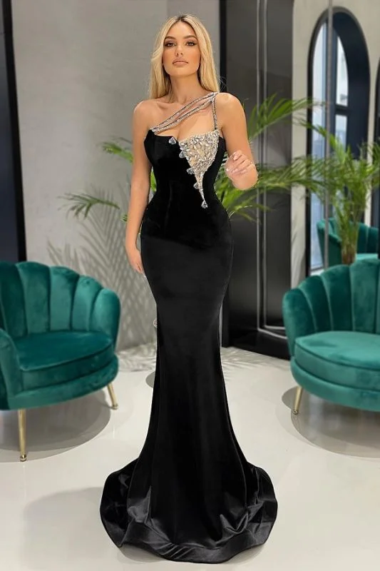 petite prom dressesSexy Black One Shoulder Mermaid Prom Dress With Crystals gh1926