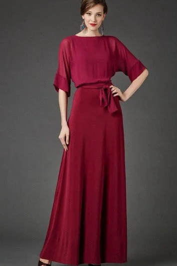 maxi dresses for autumnBateau Bat Half Sleeve A-line Pleated Chiffon Long Dress With Sash