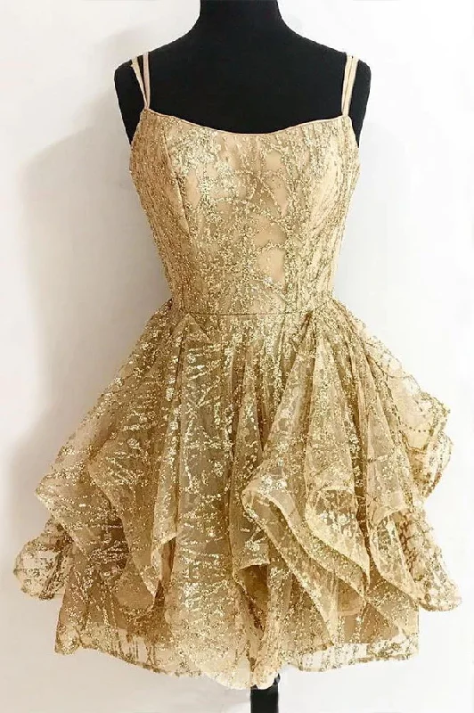 mermaid prom dressesA-line Sequins Gold Homecoming Dress, Glitter Short Prom Dress gh821