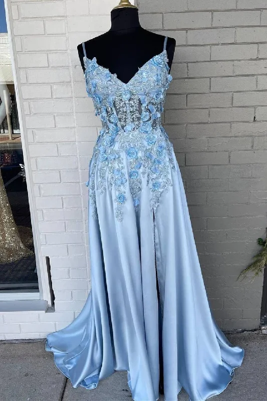 luxury prom dressesLight Blue A-line 3D Flowers Satin Long Prom Dress gh2304