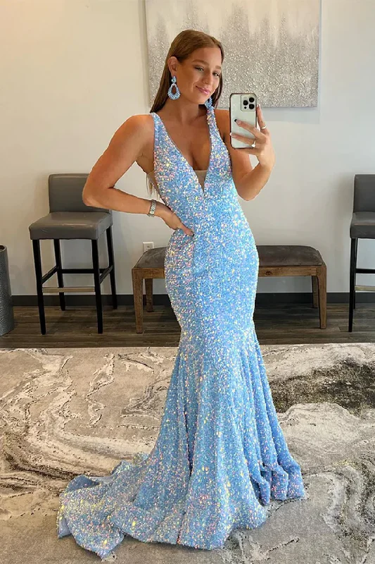 prom dress try-on ideasBlue Sequins Mermaid Prom Dress  gh1800