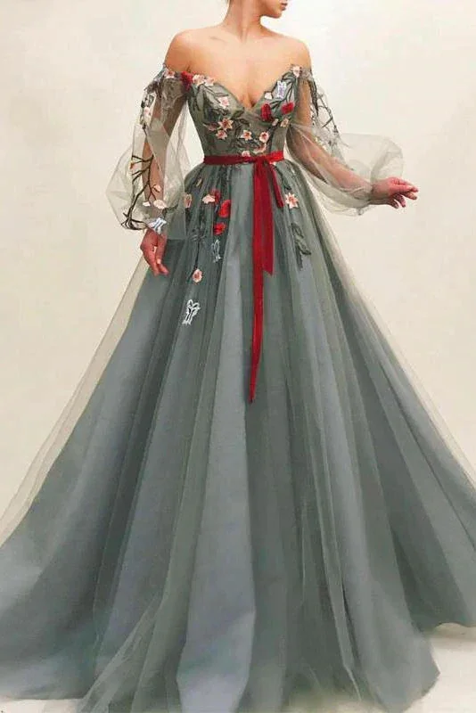 glamorous prom dressesChic Off The Shoulder Long Sleeves A Line Tulle Long Prom Dress With Flowers  gh2109