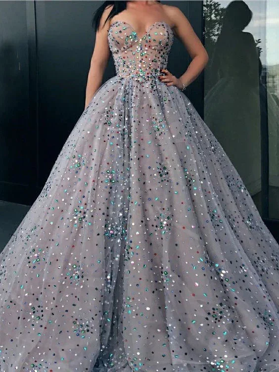 cap sleeve prom dressesPrincess Strapless Sweetheart Beads Ball Gown Rhinestone Prom Dress with Long Sparkly  gh2329